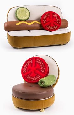 a couch made to look like a hot dog with tomatoes and cucumbers on it