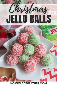 christmas jello balls on a white plate with candy in the background and text overlay