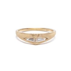 With its modern design and unusual details, the Spero diamond ring makes a great non-traditional engagement ring or diamond wedding band, or to mark a special occasion. Two sparkling tapered baguette diamonds are set in 14K yellow gold and connect to form a unique shape. Made to be matched, the Spero ring’s semicircle carving creates a full circle when paired with the Amandi Ring. Add to this set at once or at a later date by getting the Basio Ring which fits neatly next to the Spero's contoured Engagement Ring Non Traditional, Traditional Engagement, Ring Inspo, Traditional Engagement Rings, White Diamond Ring, Baguette Diamonds, Ring Ideas, Full Circle, Engagement Ring Wedding Band