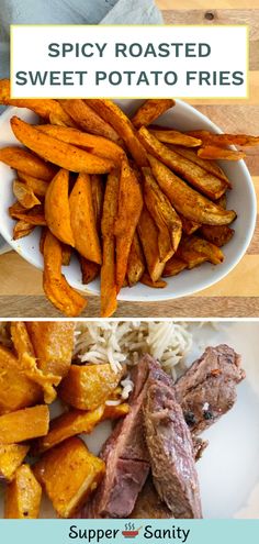 two plates with different types of food on them and the words spicy roasted sweet potato fries