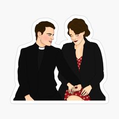 a man and woman sitting next to each other in front of a white background sticker