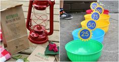 there are many different colored buckets and numbers on the table next to each other