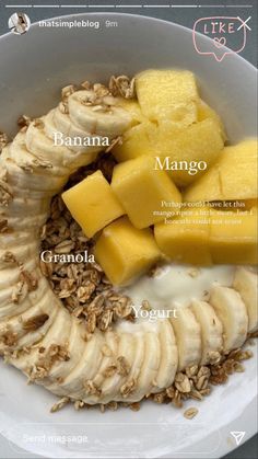 banana, mango, granola and yogurt in a bowl