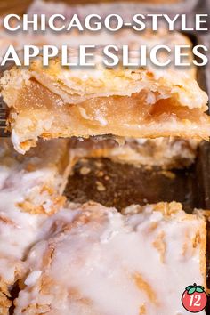 the chicago style apple slices are being held up by a fork with white icing on them