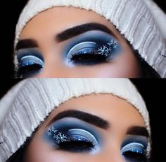 Blue Christmas Eye Makeup, Ugly Sweater Makeup Ideas, Blue Christmas Eyeshadow, Blue Christmas Makeup Looks, Snow Flake Makeup Look, Gothic Christmas Makeup, Blue Christmas Makeup, Subtle Christmas Makeup, Winter Wonderland Makeup Looks