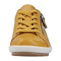 Rieker R1432-68 women's yellow lacing shoes are a pop of color for summer days. These women's mustard yellow sneakers have a smooth leather upper with perforated sides and contrasting white overlay panels. The cushioned lining and removable insole offers superb comfort and fits whilst the functional side zip allows easy foot entry. Color: Yellow Upper Material: Leather and Man-made Lining Material: Textile Fastening: Zip and Lace Removable Insoles: Yes Best For: Everyday Comfort Mustard Low-top Sneakers For Spring, Mustard Sporty Sneakers For Spring, Yellow Low-top Sneakers With Elastic Laces, Sporty Mustard Sneakers For Spring, Yellow Slip-on Sneakers With Rubber Sole, Yellow Sneakers With Rubber Sole For Spring, Mustard High-top Sneakers With Rubber Sole, Yellow Lace-up Sneakers With Vulcanized Sole, Yellow Vulcanized Sole Sporty Sneakers