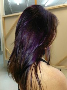 Purple Red Highlights, Dark Violet Highlights, Dark Purple Highlights In Black Hair, Electric Blue Highlights, Indigo Highlights, Dark Purple Chunky Highlights, Purple Hair Highlights On Black Hair, Highlights Purple, Dark Brown Hair Purple Highlights