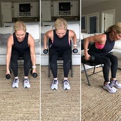 the woman is doing exercises on her legs while sitting in a chair and holding two dumbbells