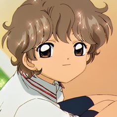 an anime character with brown hair and big eyes looking at the camera while wearing a white shirt