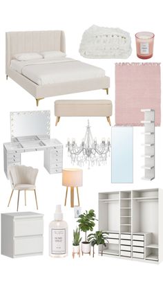 a collage of white furniture and accessories including a bed, dresser, mirror, lamp, chandelier