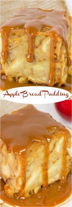 an apple bread pudding with caramel drizzled on top and the bottom