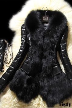 Fisdy - Elegante abrigo de piel sintética de manga larga con patchwork en negro Black Faux Fur Coat, Fashion Patchwork, Faux Fur Material, 2000s Fashion Outfits, Long Sleeves Coats, Black Faux Fur, Fur Fashion, Dream Clothes, Faux Fur Coat