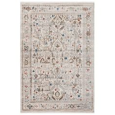 an area rug with various colors and patterns on it, including beiges, blue, red