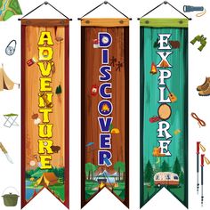 three banners with the words adventure and discovery on them