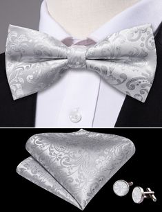 Brand: Barry Wang Excellent Material: 100% Handmade Silk What You Get: Same Design Pre-tied Bow tie, Pocket Square & Cufflinks Size: Bowtie in 4.8" Length & 2.36" width, pocket square in 9"x 9"size.For More Quality Stylish Bowties with Unbeatable Price, Please Click Our shop to Check More.With So Much Choice and Impeccable Quality, There's No Excuse Not to Have A Superb Selection in Your Wardrobe. Occasion: Perfect for Daily Dress, Business, Office, Meeting, Birthday, Wedding, Engagement, Ball P Elegant Ties With Pocket Square For Father's Day, Summer Formal Suit And Tie Accessories With Pocket Square, Elegant Bow Tie With Pocket Square For Formal Occasions, Elegant Pocket Square For Black Tie And Father's Day, Dapper Summer Formal Suit And Tie Accessories, Elegant Formal Summer Handkerchiefs, Elegant Summer Handkerchiefs As Gifts, Classic Formal Sets With Bow Tie, Dress Business