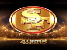 the logo for the san francisco football team, with gold letters and lights in the background