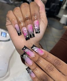 Pink Black Nails, Black Acrylic Nails, Acrylic Nail Set, Nails Now, Grunge Nails, Girly Acrylic Nails, Classy Acrylic Nails