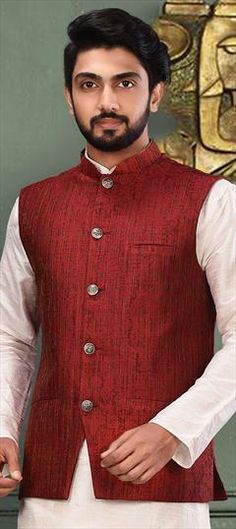 Red and Maroon color Nehru Jacket in Jacquard fabric with Zari work Red Long Sleeve Bandhgala For Winter, Red Festive Winter Kurta, Red Winter Festive Kurta, Red Nehru Jacket For Festive Winter Occasions, Red Festive Nehru Jacket For Winter, Winter Festive Red Kurta, Fitted Red Nehru Jacket For Festivals, Red Fitted Nehru Jacket For Festivals, Red Festive Outerwear With Stand Collar