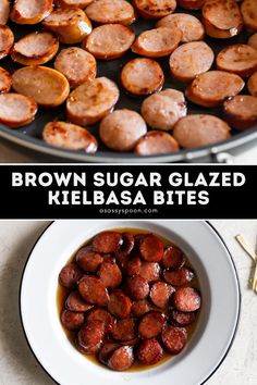 brown sugar glazed kielbasa bites in a skillet and on a white plate