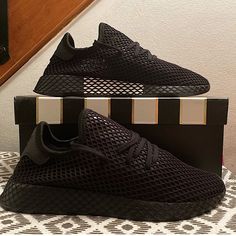 Adidas Deerupt Runner Core Black Core Black Black On Black Brand New With Tags No Box Original Msrp $150 Questions? Leave A Comment Below! Adidas Black Mesh Sneakers, Black Adidas Sneakers With Perforations, Black Adidas Sneakers With Vented Sides, Adidas Black Sneakers With Vented Sides, Olive Green Sneakers, Adidas Deerupt, Adidas Yung, Neon Sneakers, Adventure Shoes