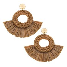 DETAILS: Base Metal with Worn Gold Plating Raffia 2.75" Length Bohemian Brown Tassel Earrings For Summer, Brown Bohemian Tassel Earrings For Summer, Summer Bohemian Brown Earrings, Chic Woven Earrings For Vacation, Brown Earrings For Vacation, Brown Earrings For Summer Vacation, Brown Drop Earrings For Beach, Brown Drop Earrings For The Beach, Chic Brown Summer Earrings