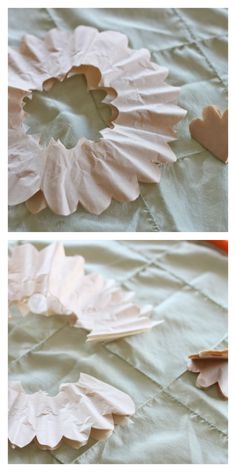 two pictures showing how to make paper flowers with the petals cut out and placed on top of each other