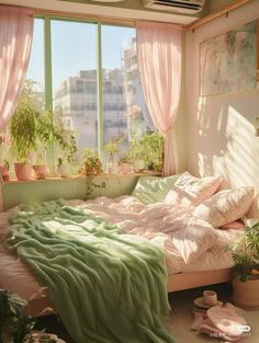 a bed sitting in a bedroom next to a window with pink curtains and plants on the windowsill