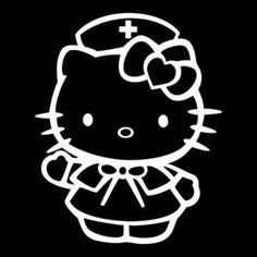 a hello kitty sticker is shown on a black background with white lettering and an image of a nurse's cap