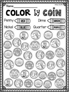 the color by coin worksheet for kids is shown in black and white, with coins