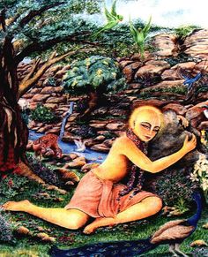 a painting of a woman sitting on the ground next to a tree and water source