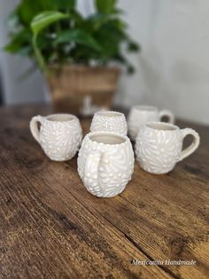 four white vases sitting on top of a wooden table next to a potted plant