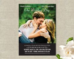 a couple kissing each other in front of a wedding day card with the words, our wedding day on it