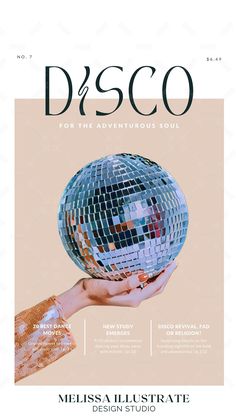 a magazine cover with a hand holding a disco ball in the middle of it's page