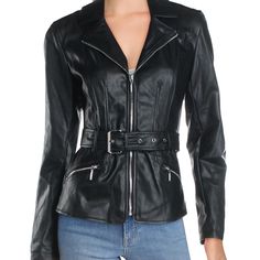 Brand New With Tags Guess Teona Faux-Leather Jacket Belted Lightweight Full Zip Size Medium M New Chic Fitted Belted Biker Jacket, Edgy Fitted Belted Leather Jacket, Chic Fitted Faux Leather Biker Jacket, Spring Biker Jacket With Belt, Chic Spring Biker Jacket With Belt, Sleek Faux Leather Jacket, Spring Leather Jacket With Zipper For Office, Chic Faux Leather Outerwear With Zipper Closure, Spring Leather Jacket For Office