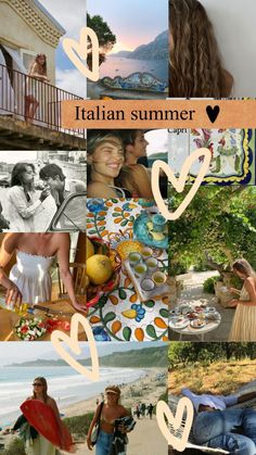 the collage shows different images and people on the beach, with words above them that read italian summer