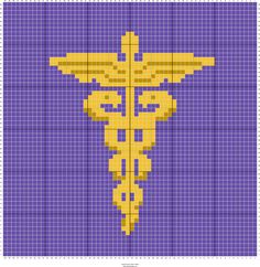 a cross stitch pattern with a yellow cadus symbol on purple squares in the center