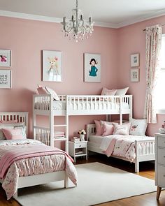 a bedroom with pink walls and white furniture