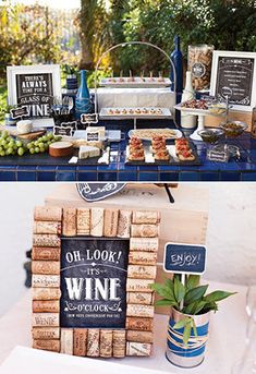 a table topped with lots of food and wine corks next to a sign that says oh look it's wint