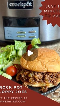 a hamburger with lettuce and tomatoes on a plate next to an instant pot pressure cooker