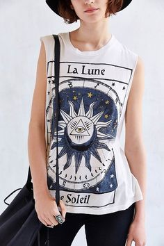 Title Unknown La Lune Foiled Muscle Tee Boxy Shirt, Sleeveless Tshirt, White Sleeveless, Printed Tank Tops, Fashion Tees, Summer Women, Cool Shirts, Sleeveless Top, Shirt Blouses