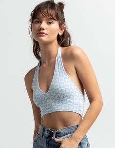 Rsq Print Halter Top. All Over Pattern. Plunging V-Neckline. Wide Halter Tie Back Closure. Low Back Cut. Crop Fit. 95% Polyester 5% Spandex. Hand Wash. Imported. Model Is Wearing A Size Small. Model Measurements:height: 5'8" Bust: 32"waist: 26"hips: 36" Model Is Wearing A Size Xxl. Model Measurements:height: 5'8" Bust: 42"waist: 32"hips: 44" Plunging Neckline Top, All Over Pattern, Low Back, Plunging Neckline, Tie Backs, Cute Tops, Tie Back, Halter Top, Camisole Top