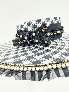 Timeless and classic black and white checkerboard hat. Accented with gold and pearls. Handmade and one of kind. 58cm with adjustable band. Comes with a hat box. Luxury Adjustable Hat, Luxury Fedora For Kentucky Derby, Checkerboard Hat, Gold And Pearls, Kentucky Derby Hats, Hat Box, Handmade Hat, Derby Hats, Hat Band