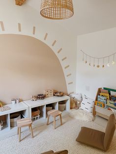 a child's playroom with toys and books