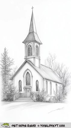 a drawing of a church with trees in the background