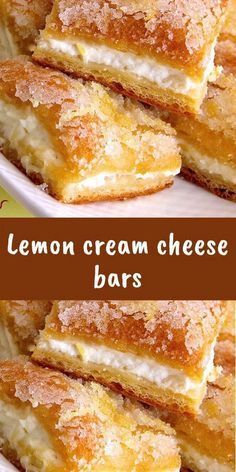 lemon cream cheese bars stacked on top of each other in a white plate with text overlay