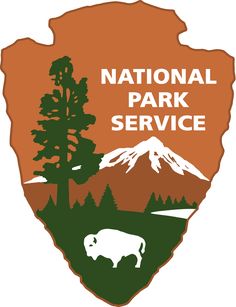 the national park service logo is shown on a black background with trees and mountains in the distance