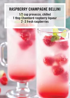 raspberry champagne bellini recipe in two glasses