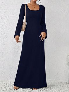 Elegant Extra Long Women's Maxi Dress Navy Blue Casual  Long Sleeve Knitted Fabric Plain A Line Slight Stretch  Women Clothing, size features are:Bust: ,Length: ,Sleeve Length: Navy Blue Dresses Long Sleeve, Shein Dress Maxi, Maxi Dress For Short Women, Blue Anarkali Dress, Abaya Fits, Black Long Sleeve Maxi Dress, Navy Blue Anarkali, Long Sleep Dress, Navy Blue Long Dress