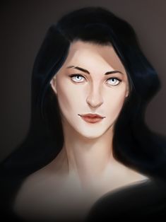 a digital painting of a woman's face with long black hair and blue eyes