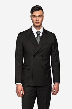 You can’t go wrong with this eye-catching double-breasted black suit. The versatile color of the suit creates a flattering look for any event and can be paired with colors both dark and bright. The timeless peak-lapel collar and four-button jacket will give you style that is sharp, dignified, and endlessly handsome. Made with our fine poly/rayon blend, the suit is also endlessly comfortable! Our suits have two fits to choose from, modern and slim, created to fit every potential customer. To help Black Double Breasted Suit With Double Button For Work, Double Breasted Suit With Lapel Collar For Office, Professional Double-breasted Business Suit, Black Double-breasted Suit For Work, Tailored Professional Blazer Dress For Formal Events, Tailored Professional Blazer Dress For Formal Occasions, Black Office Blazer With Double Button Closure, Tuxedo Suit With Double Button Closure For Work, Tuxedo Suits With Button Closure For Office